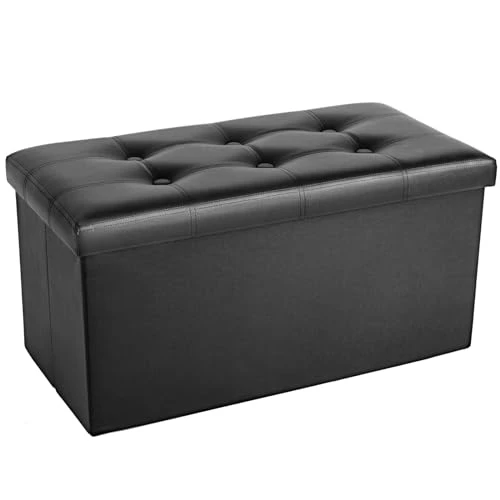 COSYLAND Pouf de Rangement Pliable en Similicuir – Ottoman avec Couvercle 76x38x38 cm, Banc Coffre Repose-Pieds 200 kg, Tabouret de Salon avec Espace de Stockage Caché – Noir