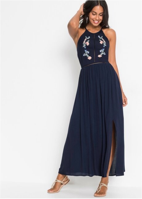 Robe longue à broderie, T.N. bleu foncé 