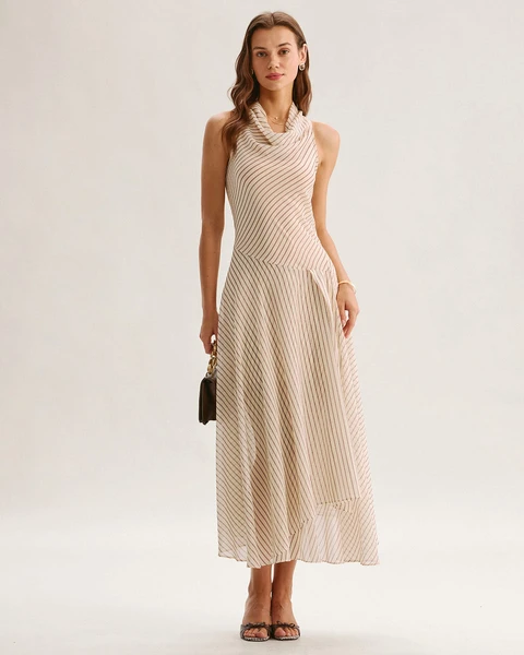 Beige Striped Cowl Neck Sleeveless Midi Dress