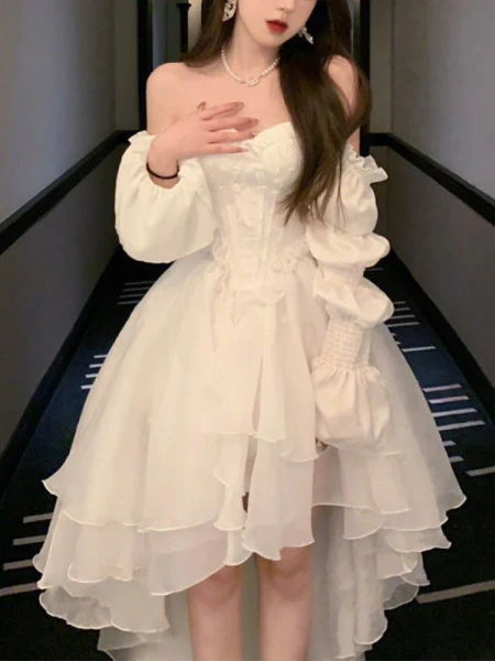 Robe de fée Chic à volants pour femmes, blanche, douce, Style coréen, robe de princesse, col Slash, décontractée, tenue de soirée, été, 2023 - AliExpress 200000345