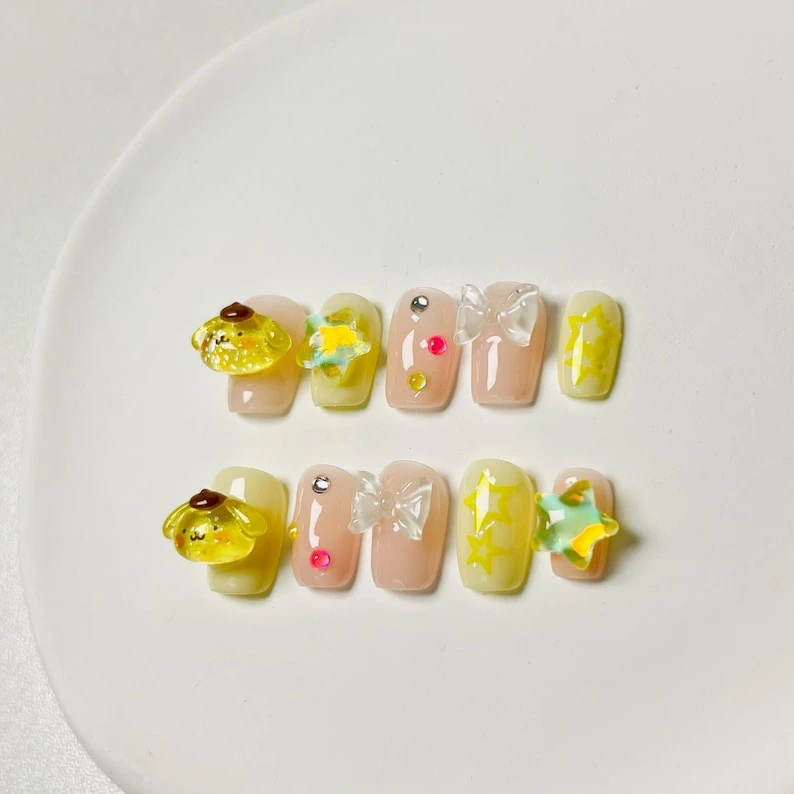 Ongles mignons de gel de chien de dessin animé | Appuyez sur Nail | Ongles faits à la main | Art des ongles | Faux ongles | Clous de cercueil courts,
