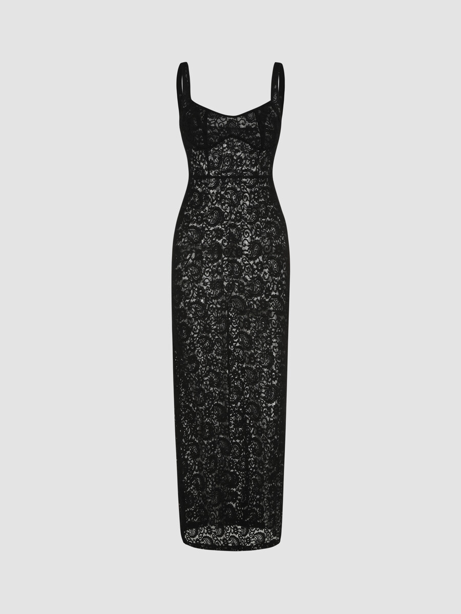 Robe maxi en dentelle unie avec décolleté en cœur