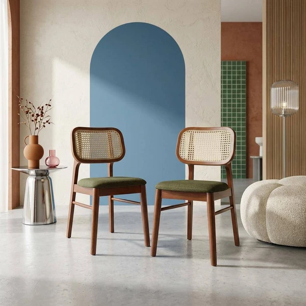 Lot de 2 chaises vintage bois d'hévéa et cannage kaki | sweeek