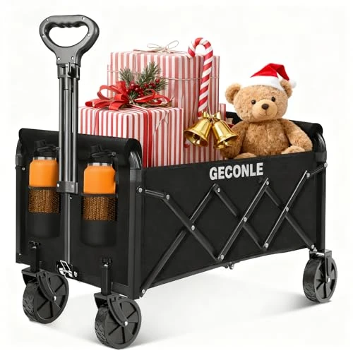 Chariot de Pliable Tout Terrain à roulettes 100L 100KG, Chariot de Jardin avec Roues Amovibles et Poignée Réglable, Charrette pour Extérieur, Camping, Festival, Courses, Promenade, Pique-Nique et BBQ