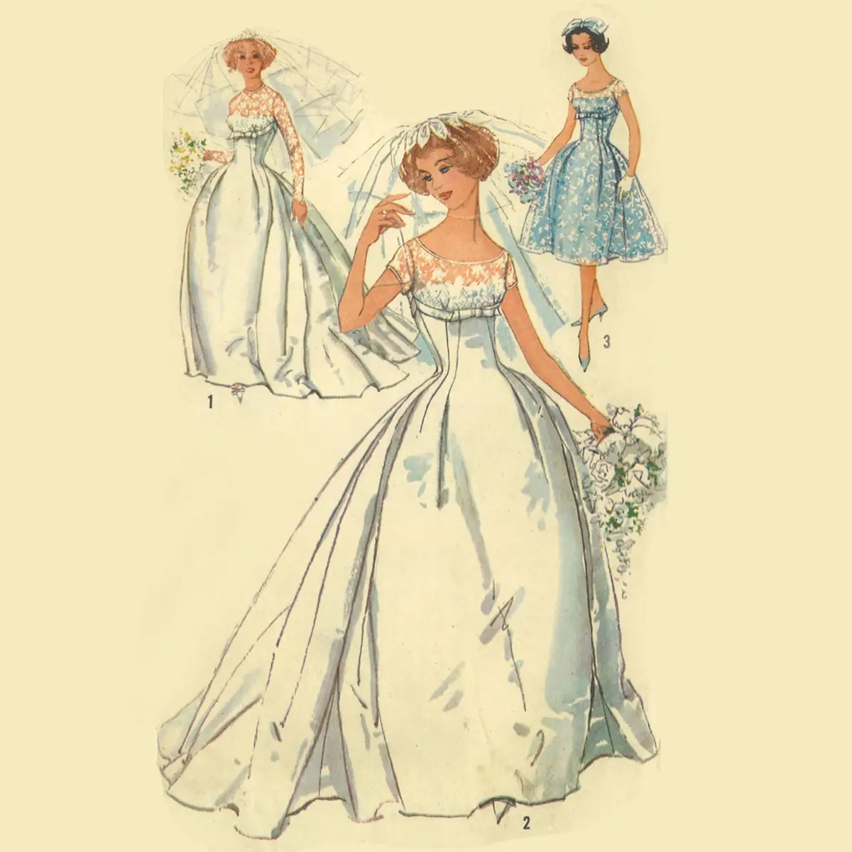 Patron de couture des années 1950 Robe de mariée romantique Train de robe de mariée - Buste 32 » (81,3 cm)