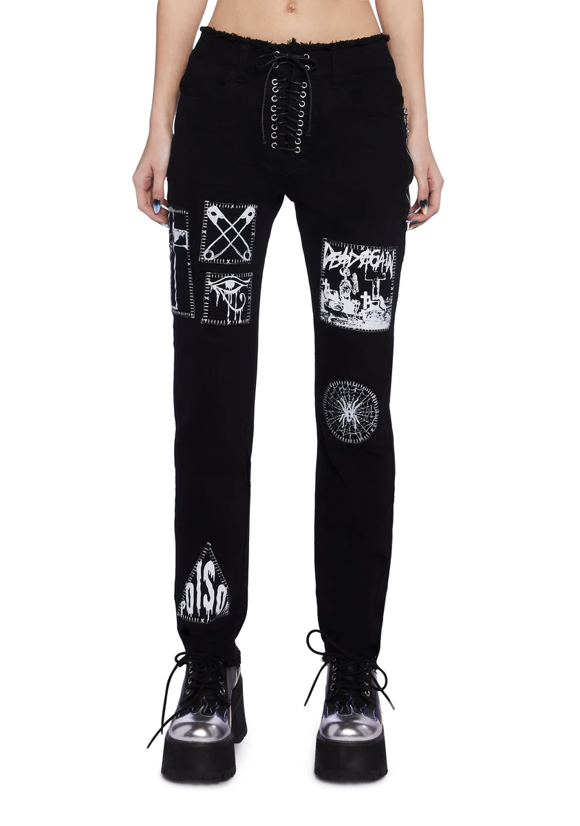 Current Mood Black Lace Up Patch Jeans