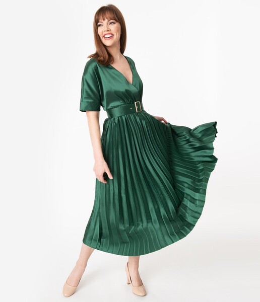 Vintage Style Hunter Green Pleated Satin Long Dress