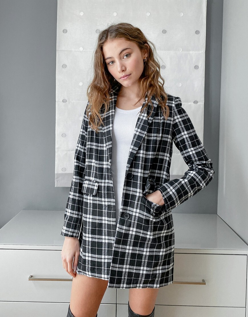 Heartbreak - Blazer long coupe boyfriend à carreaux (ensemble) - Noir et blanc-Multicolore