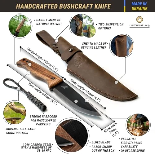 BeaverCraft Couteau Bushcraft Full Tang avec gaine en cuir Lame fixe Couteau de brousse en acier au carbone Couteau de voyage de survie de camping Outils d'équipement Bushcraft | BSH3 Nightfall