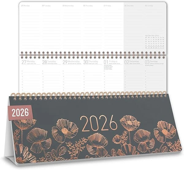 Häfft® Calendrier de bureau international 2026 horizontal "Poppy" 1 semaine 2 pages, 29,8 x 11,6 cm, multilingue - durable & respectueux du climat