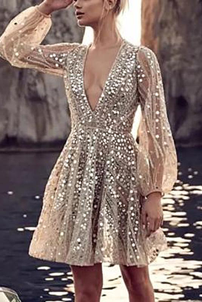 Elegant V Neck Paillette Long Sleeve Resist Evening Dress
