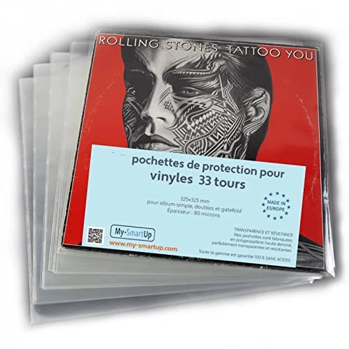 POCHETTES pour vinyles en POLYPROPYLENE, 50 unités (33 tours, 12",325x325 80 microns) POUR ALBUM SIMPLE DOUBLE ET GATEFOLD