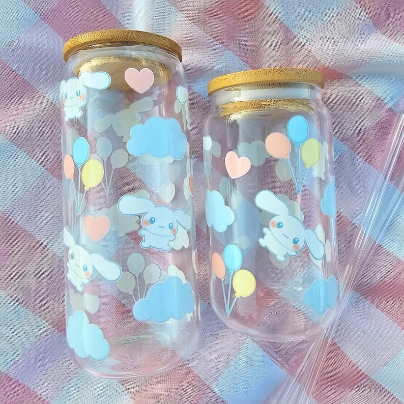 Cute Cinna Bunny Glass Cup with Bamboo Lid and Glass Straw