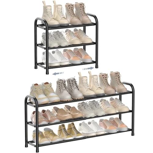 ENJOYBASICS Porte-Chaussures Extensible 3 Étagères Réglables en Métal Noir (45 à 83 cm) - Rangement Chaussures Économique pour Entrée, Couloir ou Placard - Étagère Chaussures Gain de Place