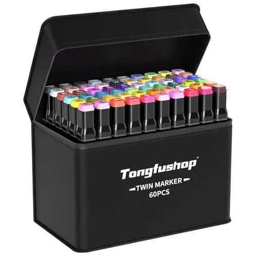 Tongfushop 60+2 Couleurs Feutre a Alcool, Feutres Coloriage Adulte, Marqueurs à Croquis Double Pointe avec Pochette de Transport et Espaceur, Marqueur Permanent pour Animation Art Esquisse