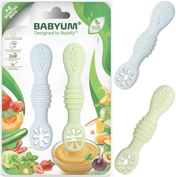 BABYUM® Pack 2 Pré Cuillères d'Apprentissage pour Enfants et Bébés 1er, 2eme Age (+4 /+6/+12 mois) - Ideal Diversification Alimentaire DME BLW - Vaisselle et Couvert Ergonomique (Gris & Vert)