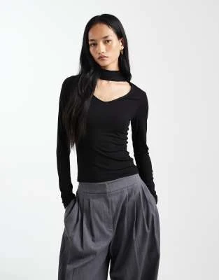 ASOS DESIGN - Top à manches longues et détail foulard - Noir
