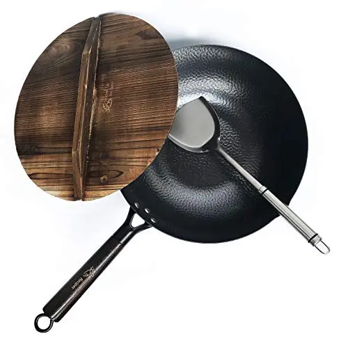 Souped Up Recipes Wok en acier au carbone pour cuisinières électriques, à induction et à gaz (couvercle, spatule et guide d'utilisation vidéo (français non garanti) inclus)