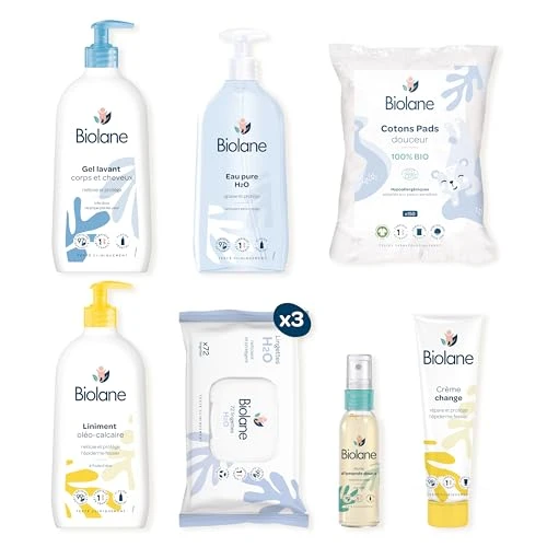 BIOLANE - Kit Naissance Premiers jours - Bébé - 216 Lingettes - Eau pure - Gel Lavant - Liniment - Crème change - Coffret Bébé - Peaux Sensibles - Fabriqué en France