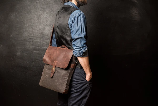Messenger Bag Men, Leather Bag and Waxed Canvas Shoulder Bag, Computer Bag, Laptop 14" Hand Bag