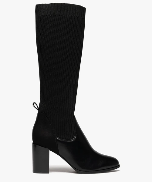 Bottes femme à talon tige chaussette en maille côtelée