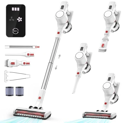 Syntecno Aspirateur Balai sans Fil Puissant - Balais Électriques Poil Animaux Cordless Stick Vacuum Cleaner Rechargeable Batterie Silencieux Léger pour Sols Tapis Poils d'animaux Domestique