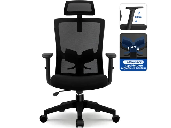 Fauteuil de Bureau 150kg, Chaise Bureau Ergonomique, Chaise de Bureau, Siège Bureau avec le Support Lombaire Réglable, Appui-Tête et Accoudoirs Ajustables, Confortable Coussin Assise 8cm-Q66542597
