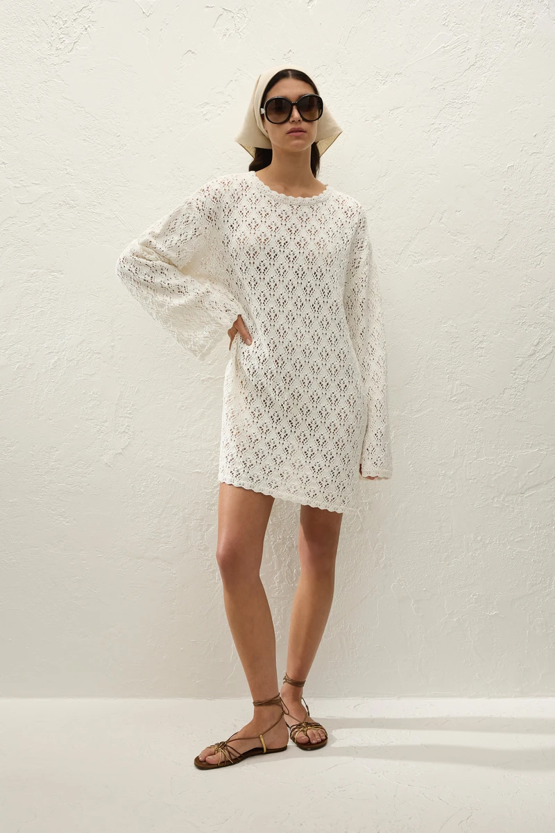 Romina Mini Dress Pointelle Knit Vintage White