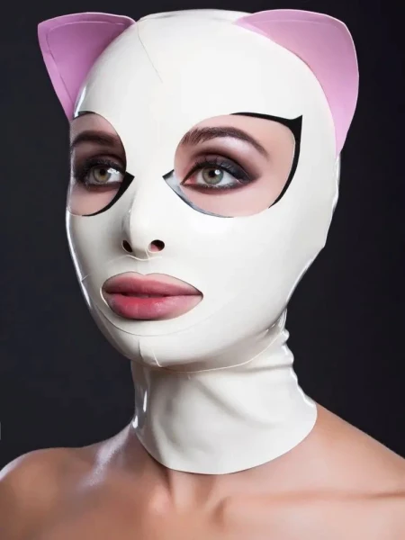Masque de chat en latex avec cils et oreilles roses