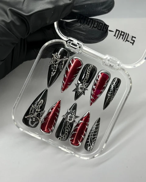 Gothic false nails, Halloween Nails, Gothic nails, Black false nails, Black nails, Red nails,False silver nails