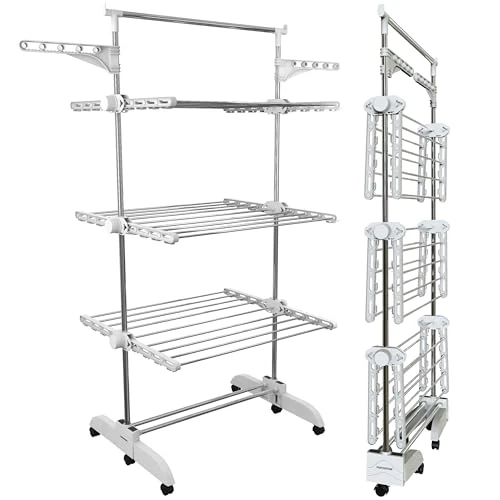 PORTENTUM Etendoir Linge Interieur et Exterieur Pliable 14 cm – 5 Niveaux et 58 Crochets pour cintres – Jusqu’à 40 kg – Séche 24 Barres INOX – Intérieur et extérieur – roulettes pivotantes avec Frein