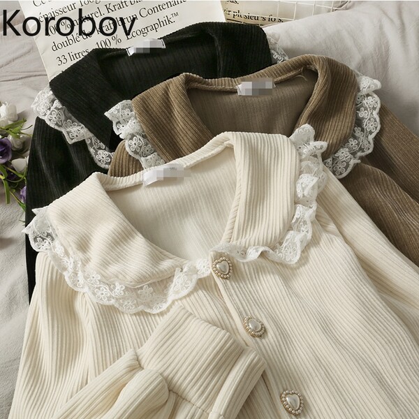 Korobov – chemisier à simple boutonnage en dentelle Vintage pour femme, tenue de bureau élégante, col Pan, style coréen