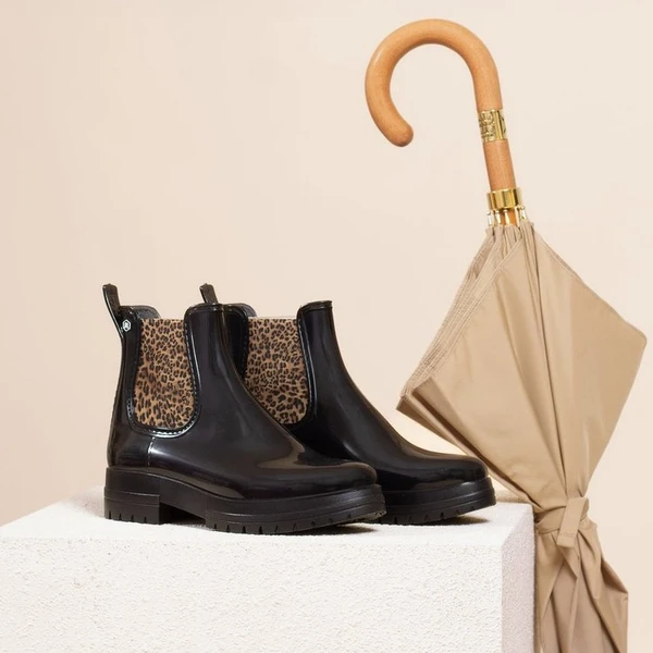 Bottines De Pluie Crantées Léopard - Noir