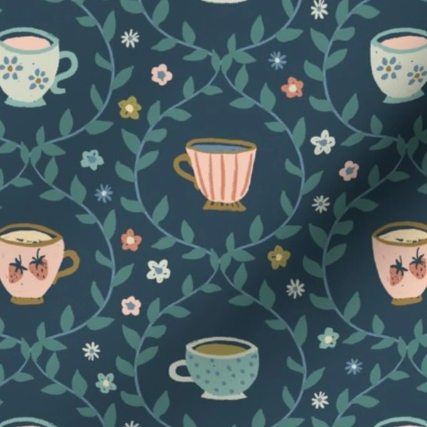 Fabric in Spring garden tea party floral strawberry leaves blush pink green