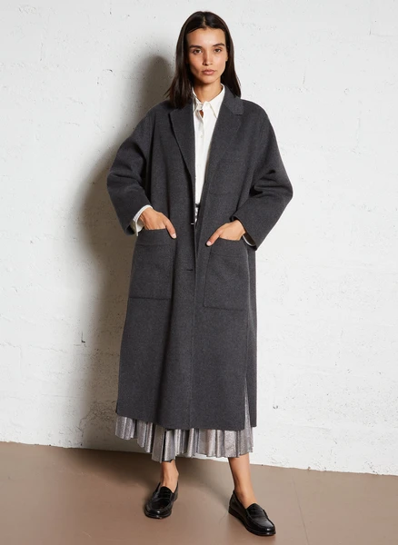MANTEAU LONG DROIT EN LAINE MéLANGéE GRIS ANTHRACITE MAX MARA WEEK END - FEMME | Place des Tendances