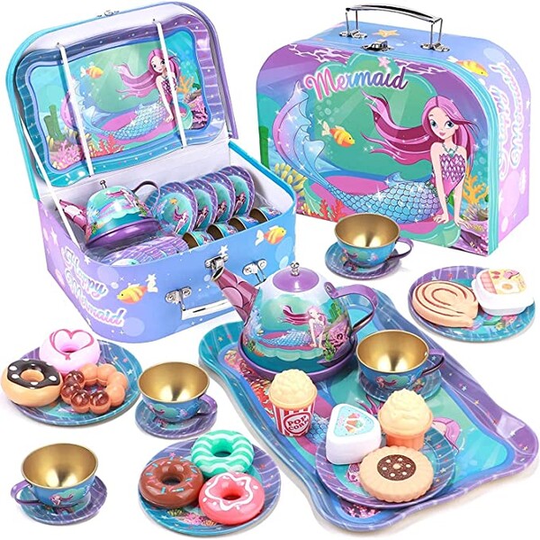 Tacobear Services à thé Enfant Fille Dinette Métal avec Jouet de Dessert Étain Théière Coffret Sirène Services à thé Jeux d'imitation Sirène Jouet Cadeau pour Enfants Filles 3 4 5 6 7 Ans : Amazon.fr: Jeux et Jouets