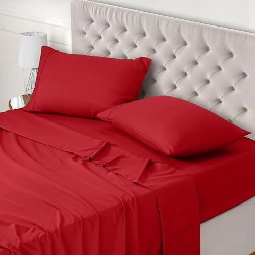 Utopia Bedding Parure de Lit 150x200, Draps de Lit 2 Personnes, Ensemble de Draps 4 Pièces, Polyester Microfibre, 1 Drap Housse 150x200, 1 Drap Plat 266x259 et 2 Taies d'oreillers 50x75, Rouge