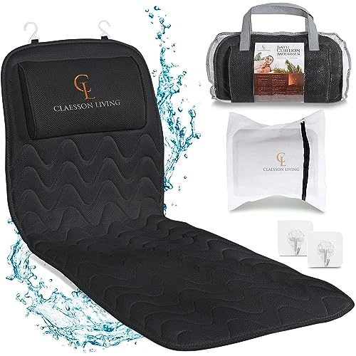 Coussin Baignoire Corps Complet Claesson Living (125x43cm) - Matelas de Bain avec appuie-tête et supports pour le corps - Coussin baignoire adulte - Sacs de lavage inclus et Crochets suspension - Noir