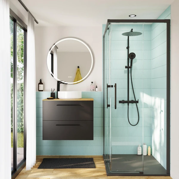 Porte de douche coulissante accès angle, transparent, noir L.100xl.80 cm, Remix