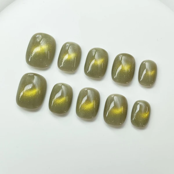 Ongles en gel yeux de chat or vert | Appuyez sur Nail | Ongles 100% faits à la main | Art des ongles | Faux ongles | Ongles ronds courts, moyens et