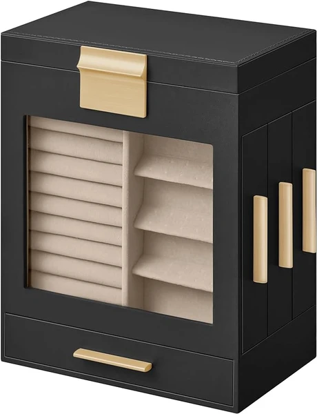 SONGMICS Boîte à Bijoux, Écrin à Accessoires 5 Niveaux, Fenêtre en Verre, Tiroirs Latéraux, Rangement Vertical, Miroir, Bijoux, Moderne, 12,9 x 20 x 24,7 cm, Noir d'encre et Doré Métallique JBC172B01