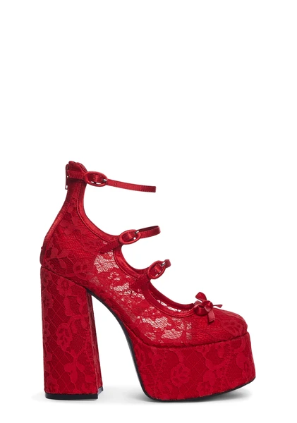 Sugar Thrillz Floral Lace Platform Heels - Red