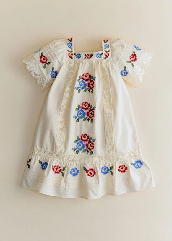 Robe Liara - Broderie Placée Fleur Multico Fond Ecru