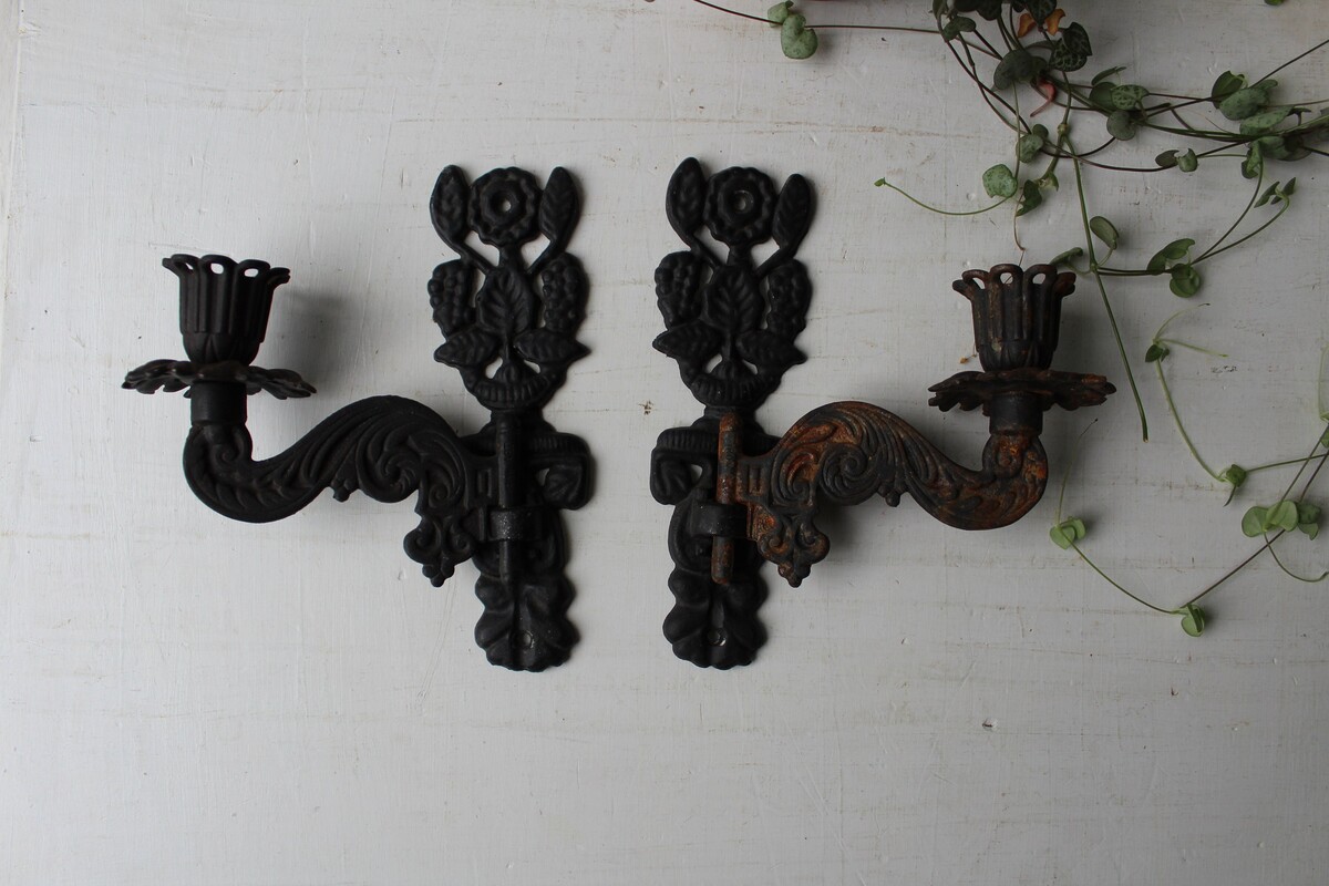 Pair Vintage Cast Iron Wall Sconce Candle Stick Holders - Swing Candlestick Holders -  Home Restoration - Iron Art