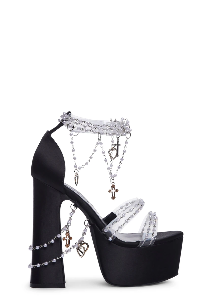 Sugar Thrillz Pearl Beaded Charm Platform Heels - Black/White