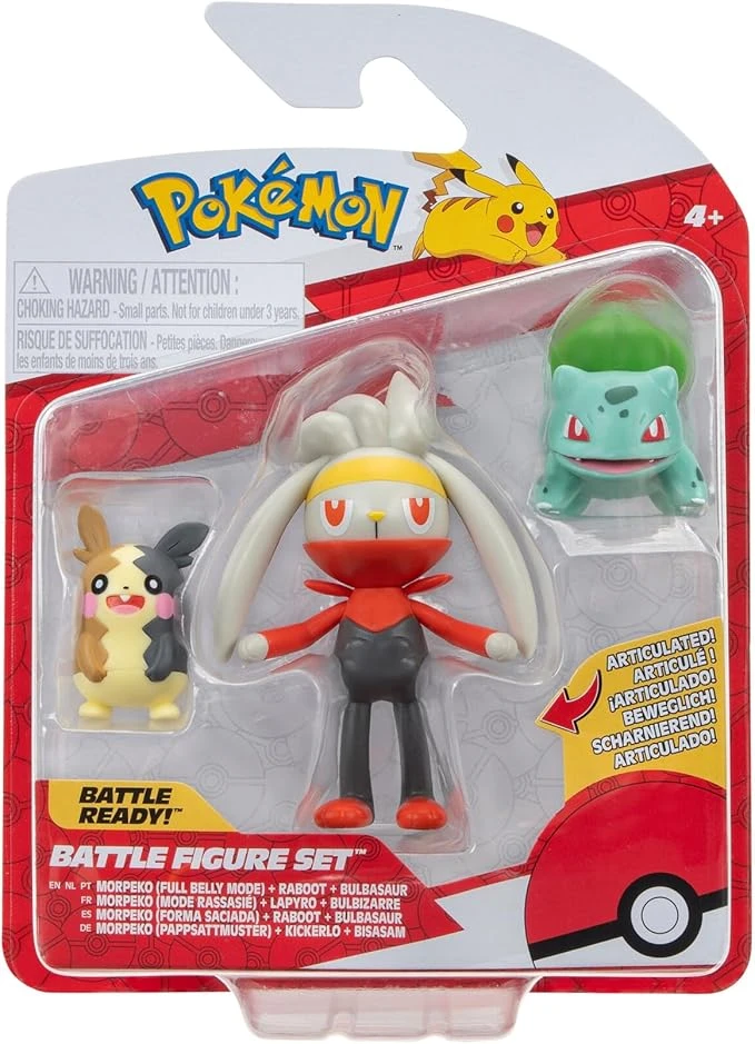 Pokémon Lot de 3 Figurines de Combat – Comprend des Figurines de Combat Morpeko et Bulbasaur de 5,1 cm et Raboot de 7,6 cm