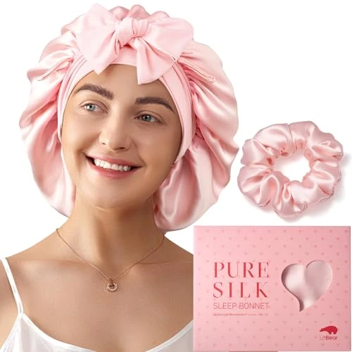 LitBear Bonnet de Nuit en Soie Mûrier pour Femmes, 6A 22 Momme, Grand Cache-Cheveux à Double Couche avec Bande à Nouer, Turban Antidérapant, Chouchou Inclus
