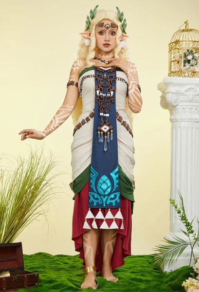 The Legend of Zelda: Tears of the Kingdom Costume de Cosplay Queen Sonia Robe et Collier avec Oreilles d'elfe