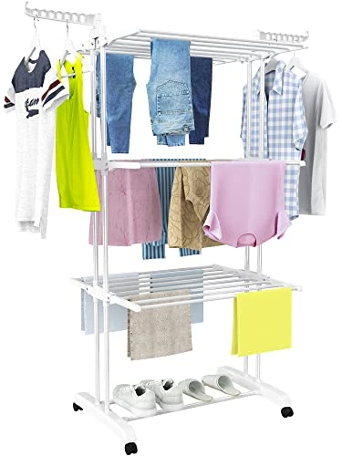 HOMIDEC Etendoir Linge Interieur, 4 Niveaux Pliable Acier Inoxydable Etendoir Linge Exterieur, Sechoir a Linge avec Roues, Blanc