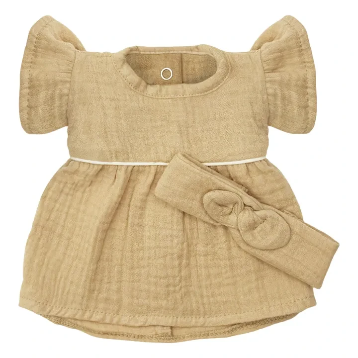 Minikane - Vestiaire poupée - Robe Daisy et headband gaze de coton - Latte | Smallable